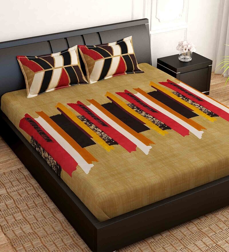 Buy Brown Striped 300 TC 100 Cotton Double King Size Bedsheet with 2