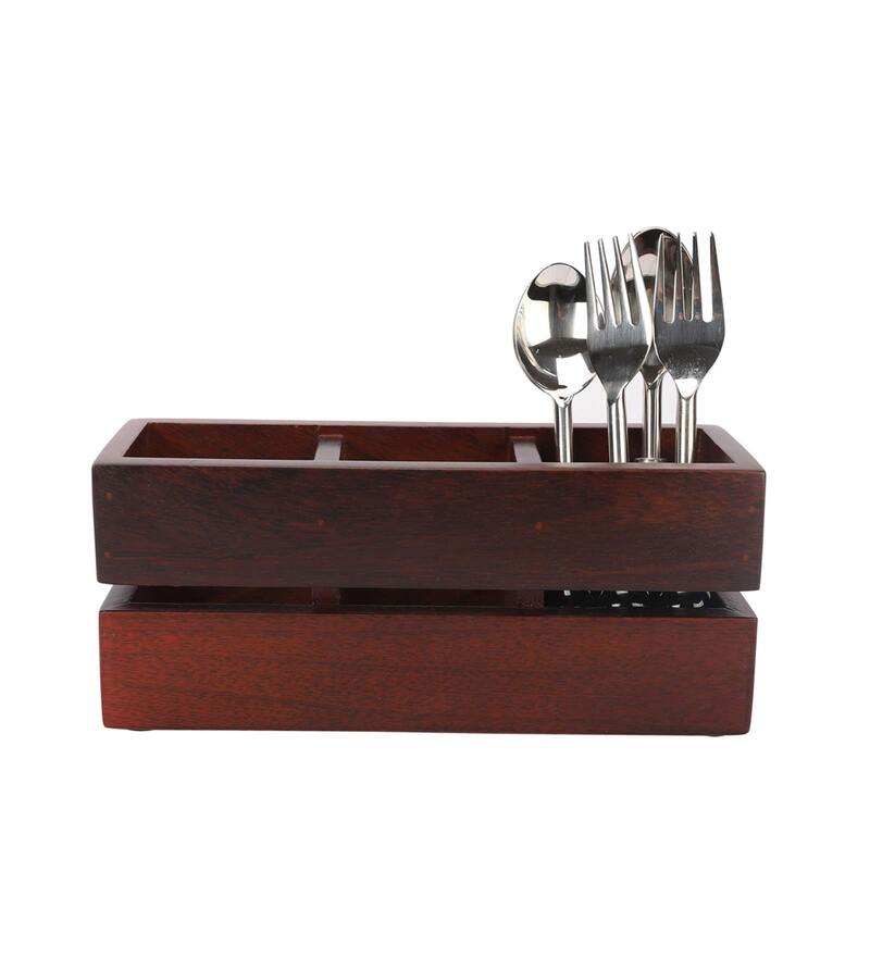 Buy Brown Colour Sheesham Wood Cutlery Holder by Vareesha Online Cutlery Holders Cutlery