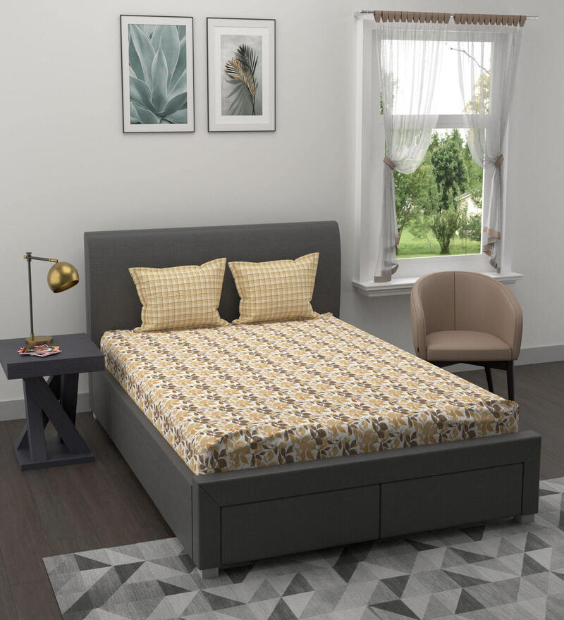 Buy Yellow Floral 120 TC 100 Cotton Double Size Bedsheet With 2 Pillow