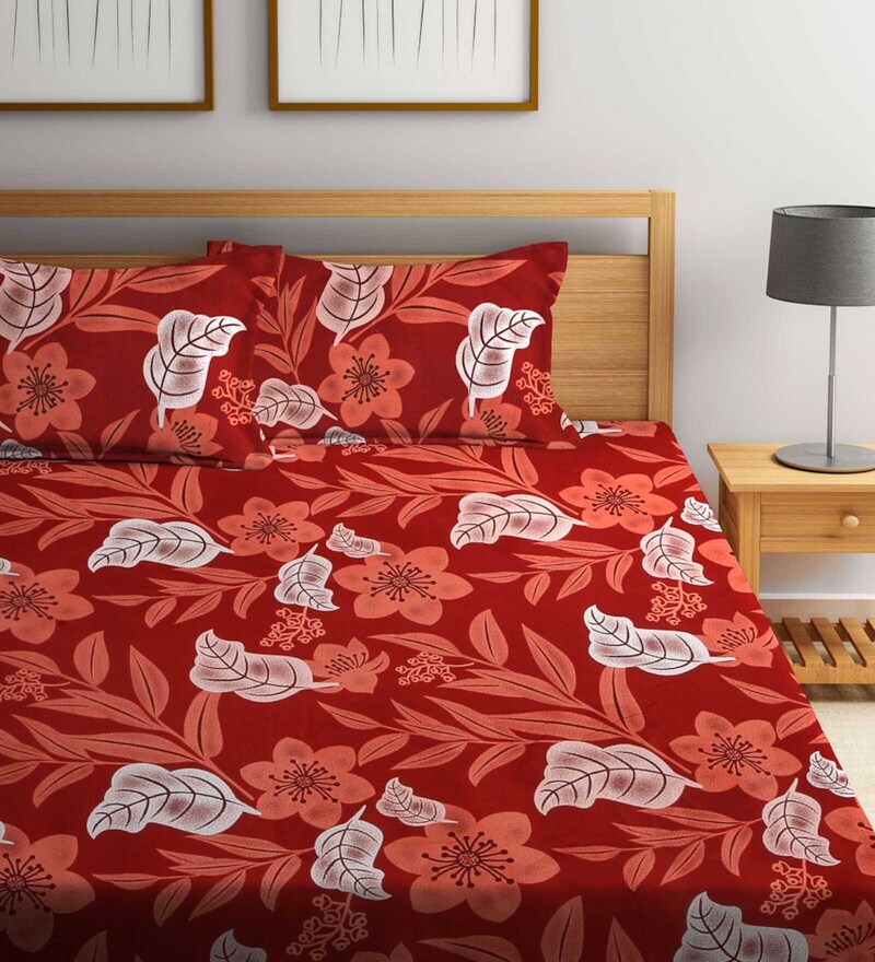 Buy Brown Floral 300 TC Cotton Blend Double King Size Bedsheet With 2 Pillow Covers by Arrabi