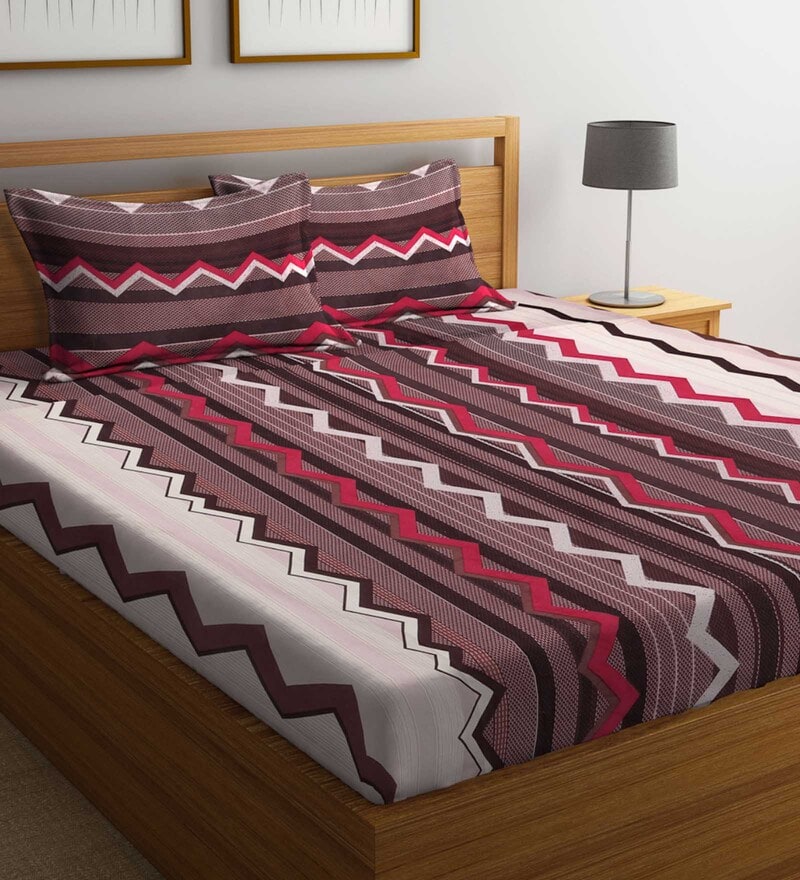 Buy Brown Geometric 300 TC Cotton Blend Double Size Bedsheet With 2 ...