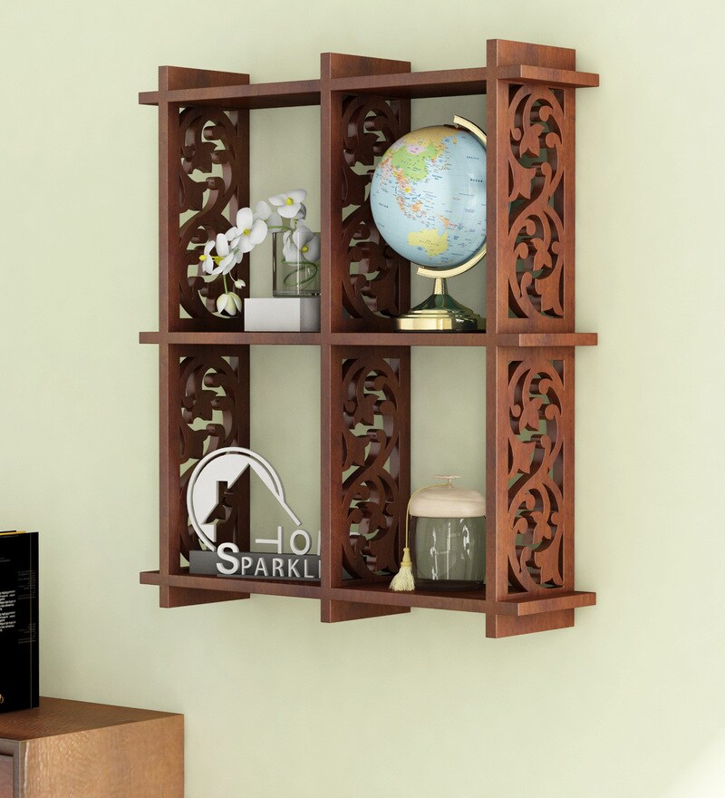 Buy Engineered Wood Carved Wall Shelf in Brown Colour by Home Sparkle