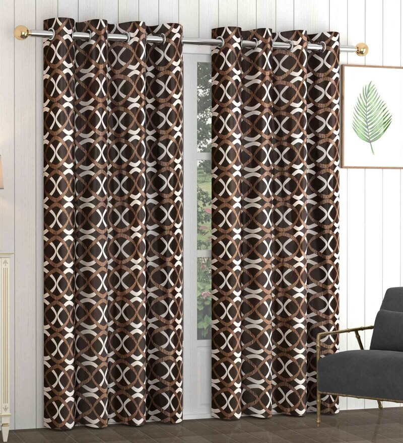 Buy Brown Abstract Polyester 5 Ft Semisheer Eyelet Window Curtains (Set