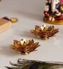 Brass Lakshmi and Lord Ganesha Idols, Set Of 2 Metal Handcrafted Golden Lotus Flower Shape Decorative Diyas