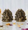 Brass Lakshmi and Lord Ganesha Idols, Set Of 2 Metal Handcrafted Golden Lotus Flower Shape Decorative Diyas