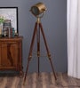 Bronze Metal Shade Tripod Floor Lamp With Wood Base