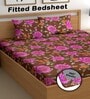 Brown 180 TC Floral Cotton Fitted Double Bedsheet 2 Pillow covers