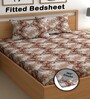 Brown 180 TC Floral Cotton Fitted Double Bedsheet 2 Pillow covers
