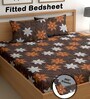 Brown 180 TC Floral Cotton Fitted Double Bedsheet 2 Pillow covers