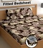 Brown 180 TC Floral Cotton Fitted Double Bedsheet 2 Pillow covers