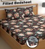 Brown 200 TC Floral Cotton Fitted Double Bedsheet 2 Pillow covers