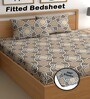 Brown 200 TC Abstract Cotton Fitted Double Bedsheet 2 Pillow covers
