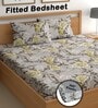 Brown 200 TC Floral Cotton Fitted Double Bedsheet 2 Pillow covers