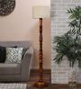 White Fabric Shade Floor Lamp with Brown Base