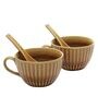 Brown Ceramic Handcrafted Double Glazed Rich Golden Brown Soup Bowls With Spoon Set-Pack Of 2