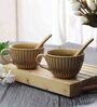 Brown Ceramic Handcrafted Double Glazed Rich Golden Brown Soup Bowls With Spoon Set-Pack Of 2