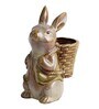 Brown Ceramic Rabbit Holding Basket Garden Figurine