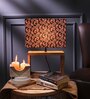 Rectangular E27 Holder Wooden Base Table Lamp (Brown Base) with Fabric Shade (Black & Red)