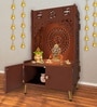 Brown Finish Designer Om Chakra Floor Temple with Spacious Wooden Shelf & Inbuilt Focus Light