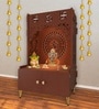 Brown Finish Designer Om Chakra Floor Temple with Spacious Wooden Shelf & Inbuilt Focus Light