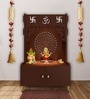 Brown Finish Designer Om Chakra Floor Temple with Spacious Wooden Shelf & Inbuilt Focus Light