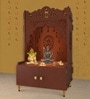 Brown Finish Holy Symbol Om Chakra Floor Temple with Spacious Wooden Shelf & Inbuilt Focus Light