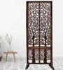 Brown Floral Lassie Handcarved Wooden Room Divider Single Panel With Stand