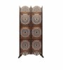 Brown Floral Handcarved Wooden Room Divider Two Panels With Stand