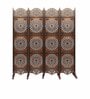 Brown Handcarved Wooden Room Divider Four Panels In Circular Floral Pattern With Stand