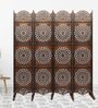 Brown Handcarved Wooden Room Divider Four Panels In Circular Floral Pattern With Stand