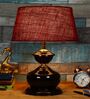 Brown Metal & Natural Fiber Maroon Colour Table Lamp