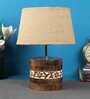 Brown Natural Fiber Shade Table Lamp With Brown & Off White Wood Base