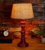 Brown Natural Fiber Shade Night Lamp With Wood Base