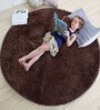 Brown Solid Polyester 5x5 Feet Machine Made Shaggy Round Carpet