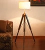 Creative White Fabric Shade Tripod Floor Lamp With Wood Base