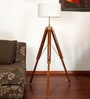 Creative White Fabric Shade Tripod Floor Lamp With Wood Base