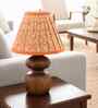 Brown Wooden Base Lamp with Orange Pattern Shade