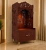 Brown Wooden Floor Pooja Mandir with Ik Onkar & Swastik Design Laser-Cut Bell Motifs Storage Cabinet & Ornate Arch