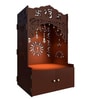 Brown Wooden Floor Pooja Mandir with Ik Onkar & Swastik Design Laser-Cut Bell Motifs Storage Cabinet & Ornate Arch