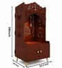 Brown Wooden Floor Pooja Mandir with Ik Onkar & Swastik Design Laser-Cut Bell Motifs Storage Cabinet & Ornate Arch