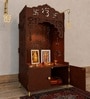 Brown Wooden Floor Pooja Mandir with Ik Onkar & Swastik Design Laser-Cut Bell Motifs Storage Cabinet & Ornate Arch