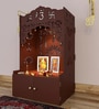 Brown Wooden Floor Pooja Mandir with Ik Onkar & Swastik Design Laser-Cut Bell Motifs Storage Cabinet & Ornate Arch