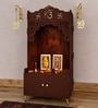 Brown Wooden Floor Pooja Mandir with Ik Onkar & Swastik Design Laser-Cut Bell Motifs Storage Cabinet & Ornate Arch