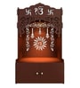 Brown Wooden Floor Pooja Mandir with Ik Onkar & Swastik Design Laser-Cut Bell Motifs Storage Cabinet & Ornate Arch