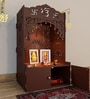 Brown Wooden Floor Pooja Mandir with Ik Onkar & Swastik Design Laser-Cut Bell Motifs Storage Cabinet & Ornate Arch