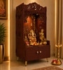 Brown Wooden Floor Pooja Mandir with Ik Onkar & Swastik Design Laser-Cut Bell Motifs Storage Cabinet & Ornate Arch