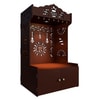 Brown Wooden Floor Pooja Mandir with Kalash & Om Design Laser-Cut Bell Motifs & Storage Cabinet