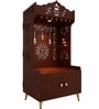 Brown Wooden Floor Pooja Mandir with Kalash & Om Design Laser-Cut Bell Motifs & Storage Cabinet
