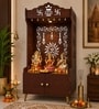 Brown Wooden Floor Pooja Mandir with Kalash & Om Design Laser-Cut Bell Motifs & Storage Cabinet
