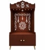 Brown Wooden Floor Pooja Mandir with Kalash & Om Design Laser-Cut Bell Motifs & Storage Cabinet